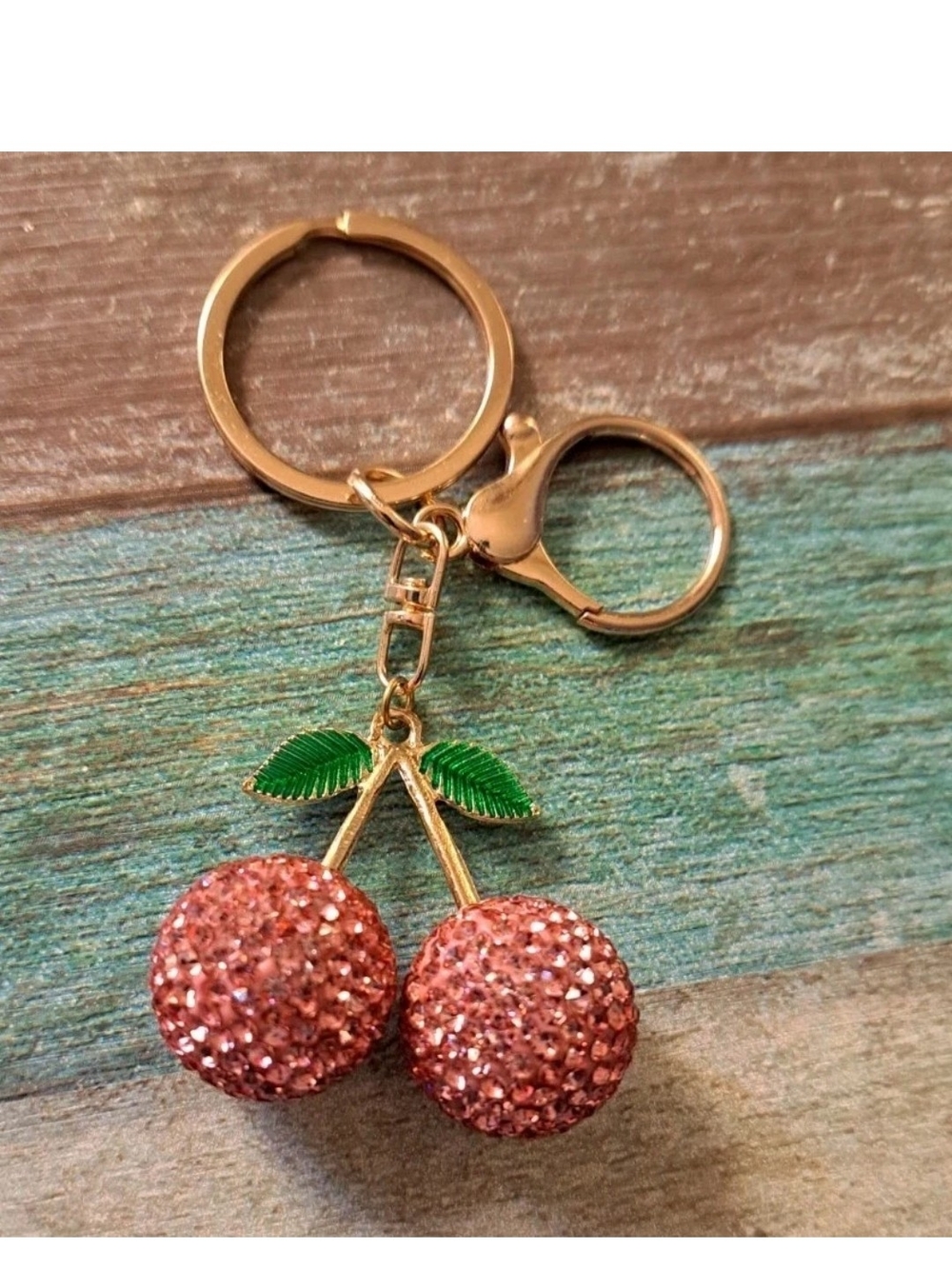 Gold Cherry Crystal Keychain - Pink Cherry Charm